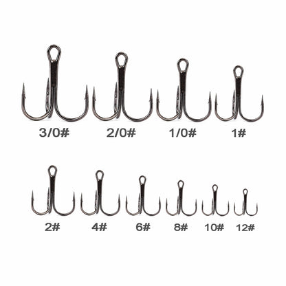 100pcs Fishing Treble Hooks Set 12sizes High Carbon Steel Hooks Round Bend