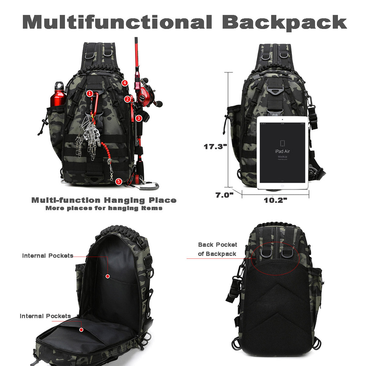 Fishing Backpack with Rod Holder Large Capacity 17" Lightweight Waterproof