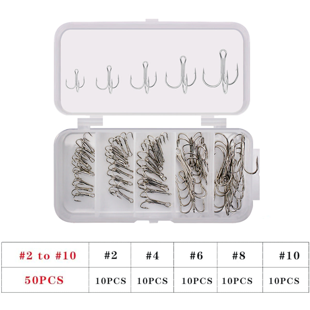 50pcs Fishing Treble Hooks Kit High Carbon Steel Hooks Strong Sharp for Lures Baits Saltwater Freshwater Fishing Size 2# 4# 6# 8# 10#