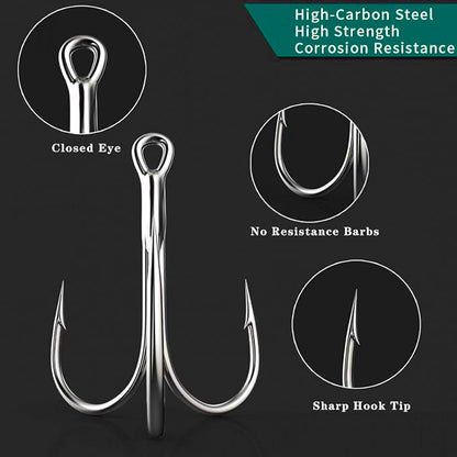 50pcs Fishing Treble Hooks Kit High Carbon Steel Hooks Strong Sharp for Lures Baits Saltwater Freshwater Fishing Size 2# 4# 6# 8# 10#