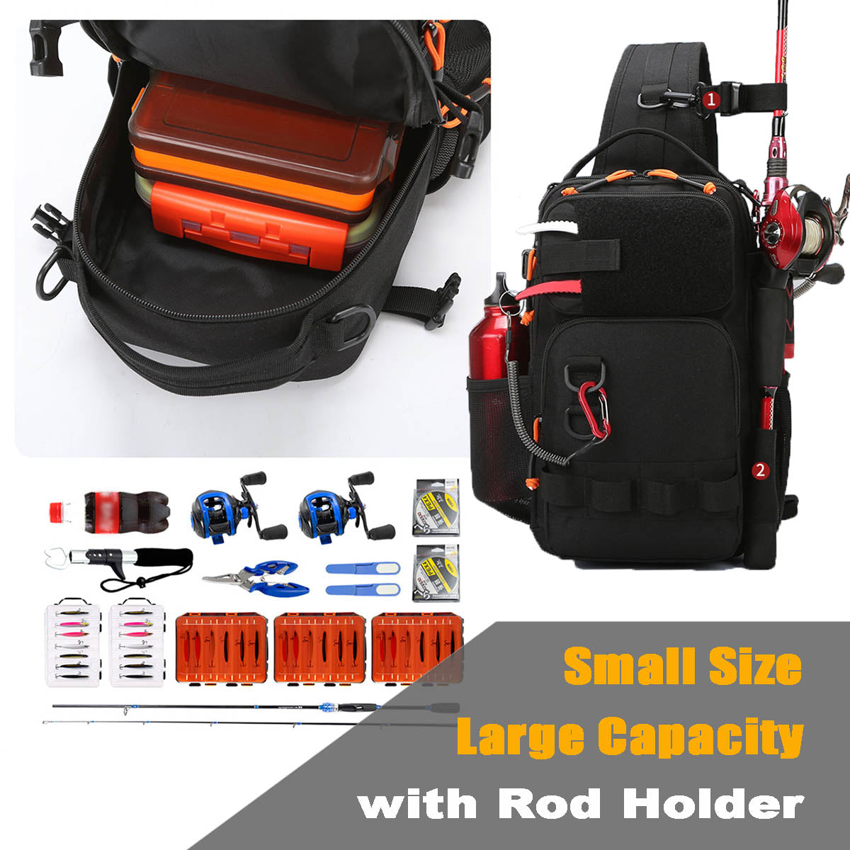 Fishing Backpack with Rod & Gear Holder Small 13.4*5.9*7.87" Lightweight Water-Resistant