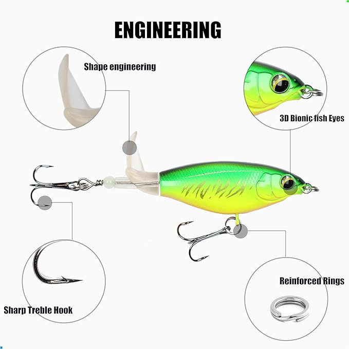 Topwater Fishing Lures Whopper Popper 7pcs 3D Eyes Bait with Propeller Tail 2.95"/2.56" 0.38/0.21oz for Bass Catfish Pike Perch