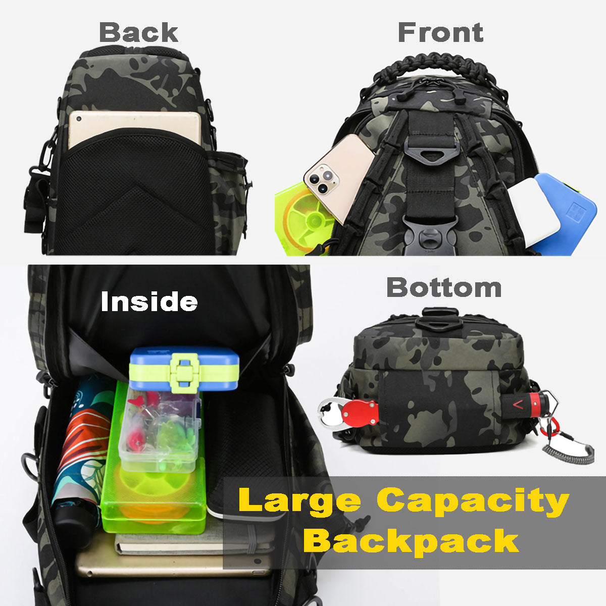 Fishing Backpack with Rod Holder Large Capacity 17" Lightweight Waterproof