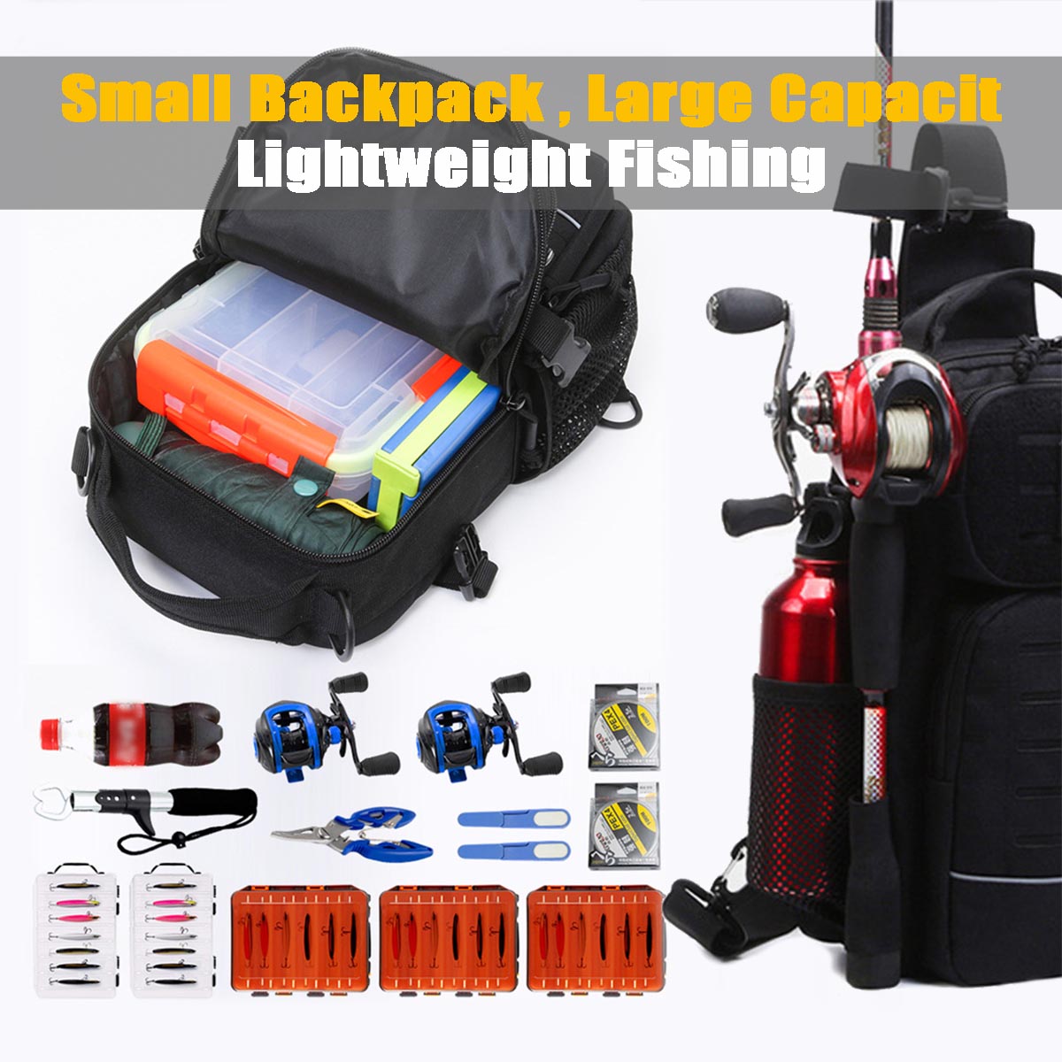 Fishing Backpack with Rod & Gear Holder Small 13" Lightweight Water-Resistant