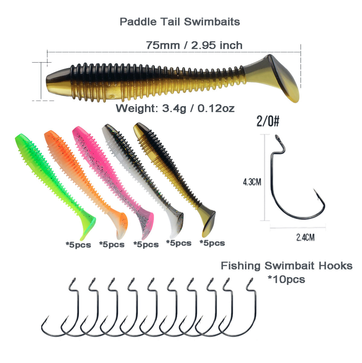 35pcs Paddle Tail Swimbaits Paddle Soft Lure 2.95 Inchs for Trout Crappie Bass