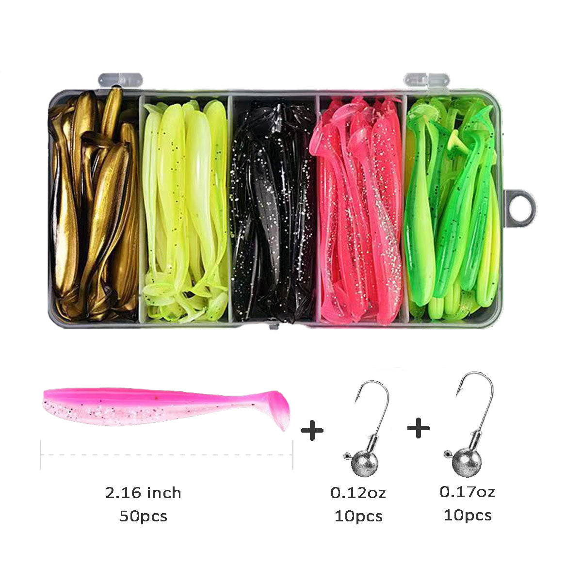 50/100pcs Soft Fishing Lures Plastic Paddle Tail Swim Baits Jig Head Kit 5 Mixed Colors 2.16"/2.48" for Bass Trout Walleye