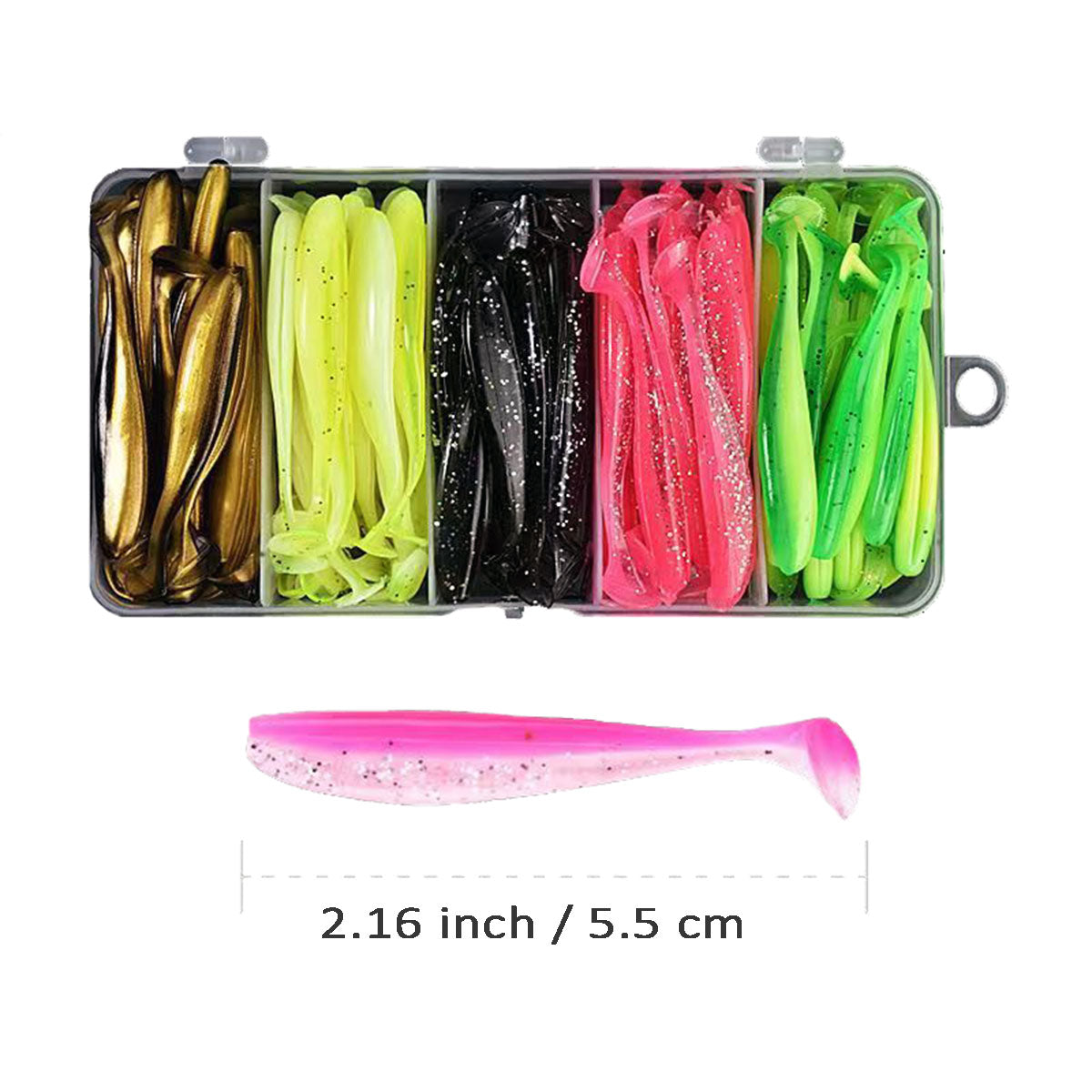 50/100pcs Soft Fishing Lures Plastic Paddle Tail Swim Baits Jig Head Kit 5 Mixed Colors 2.16"/2.48" for Bass Trout Walleye