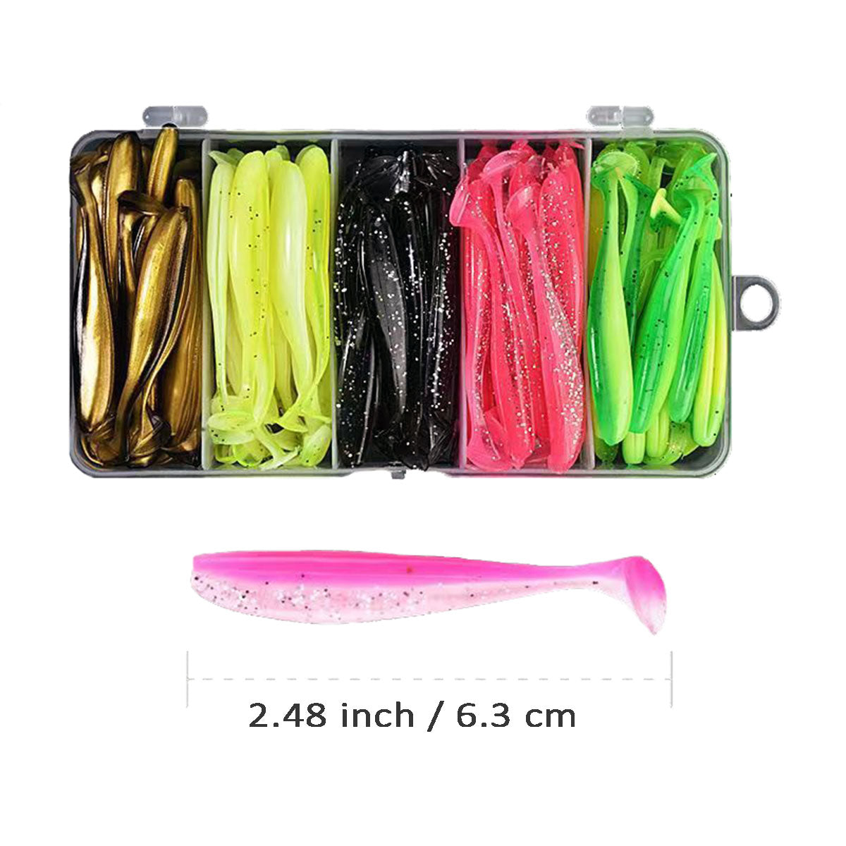 50/100pcs Soft Fishing Lures Plastic Paddle Tail Swim Baits Jig Head Kit 5 Mixed Colors 2.16"/2.48" for Bass Trout Walleye