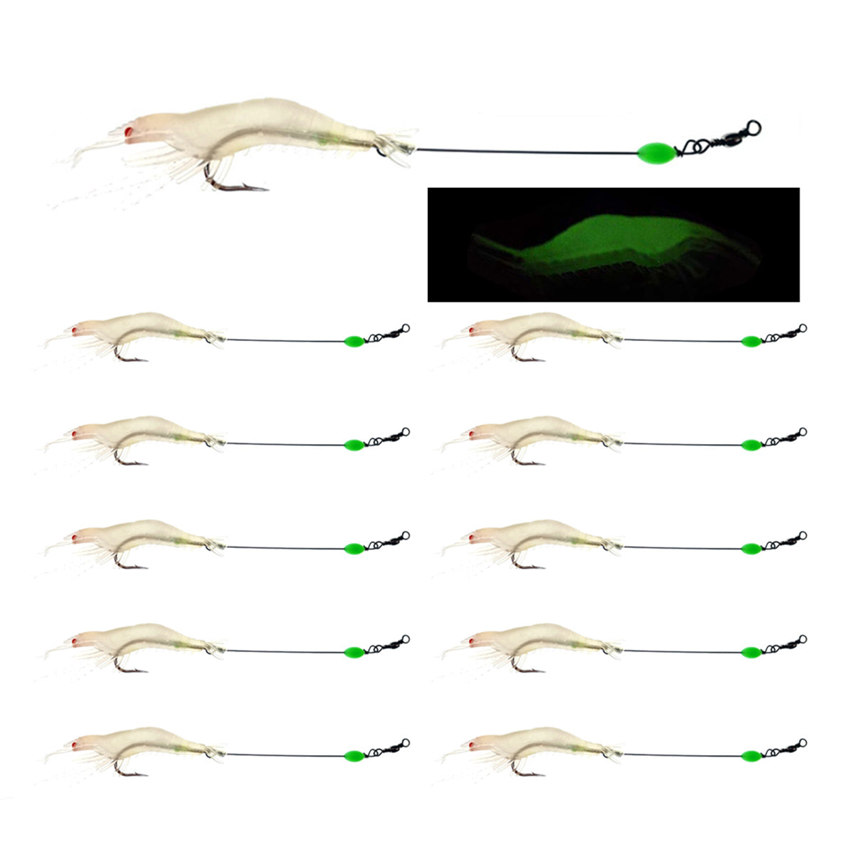 10pcs Fishing Lures Shrimp Baits Set 3.54" 1/4oz Premium Soft Shrimp Fishing Tackle with Luminous Sharp Hooks