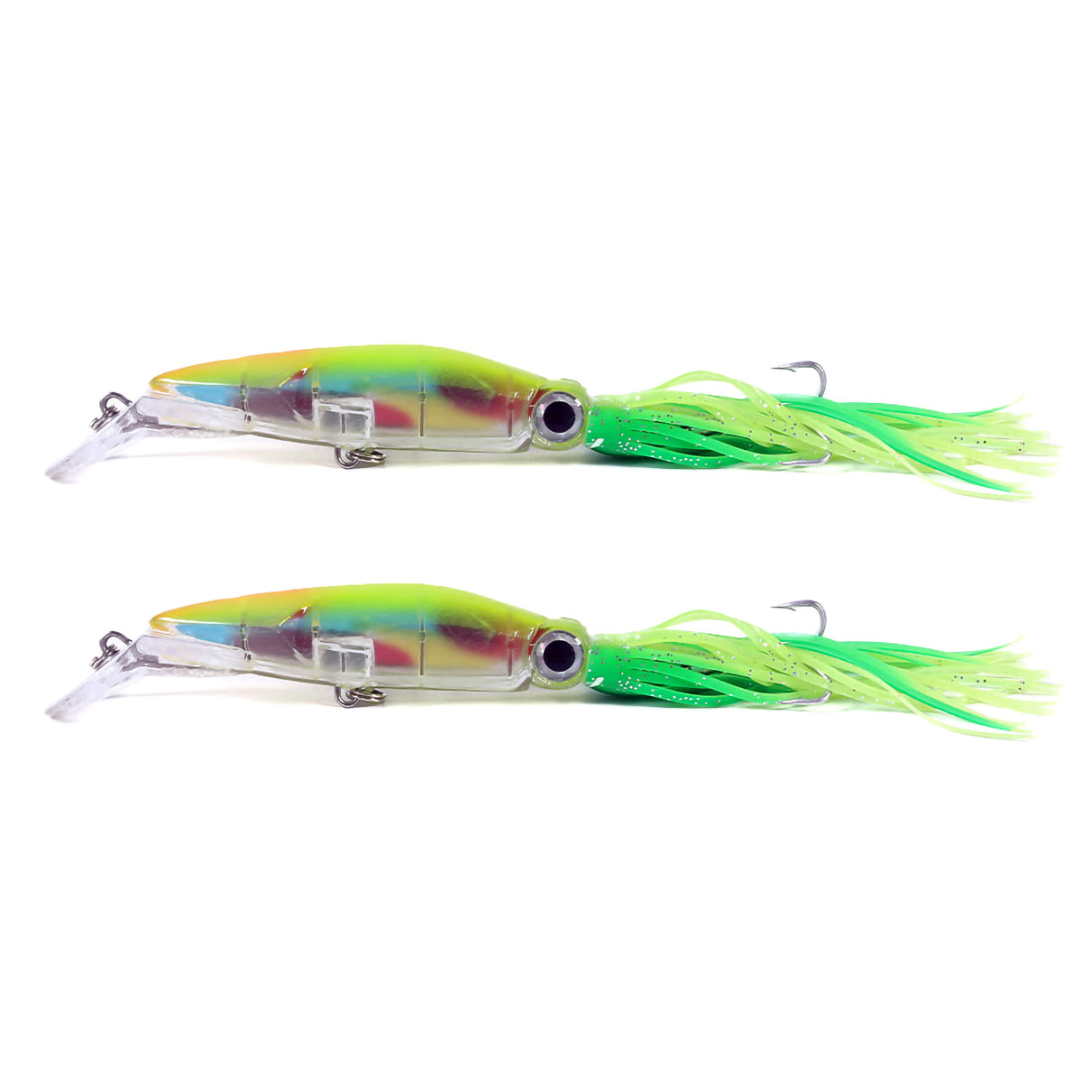 2pcs Large Simulation Squid Fishing Lures Bait Set 5.5" 1.41oz 8Colos 3D Holographic Eyes Built-in Multicolored Lead Blocks 2 Sharp Treble Hooks