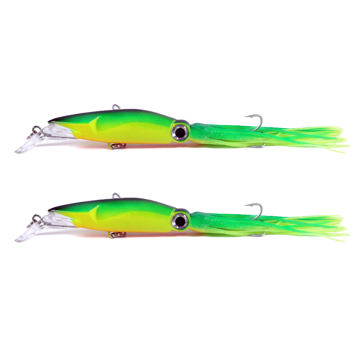 2pcs Large Simulation Squid Fishing Lures Bait Set 5.5" 1.41oz 8Colos 3D Holographic Eyes Built-in Multicolored Lead Blocks 2 Sharp Treble Hooks