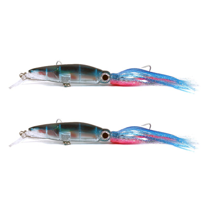 2pcs Large Simulation Squid Fishing Lures Bait Set 5.5" 1.41oz 8Colos 3D Holographic Eyes Built-in Multicolored Lead Blocks 2 Sharp Treble Hooks