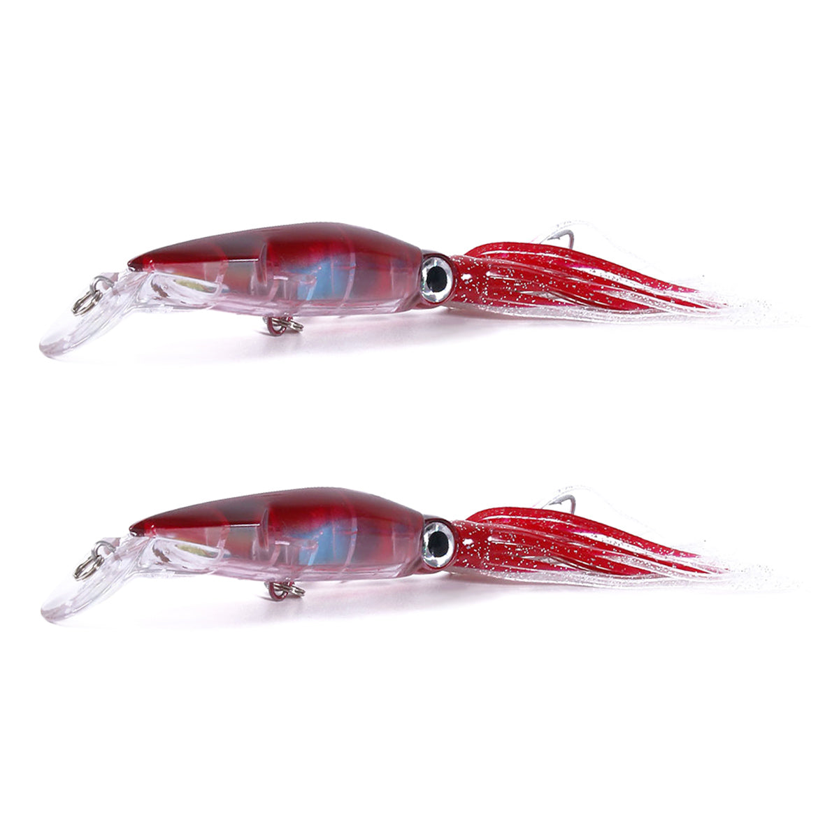 2pcs Large Simulation Squid Fishing Lures Bait Set 5.5" 1.41oz 8Colos 3D Holographic Eyes Built-in Multicolored Lead Blocks 2 Sharp Treble Hooks