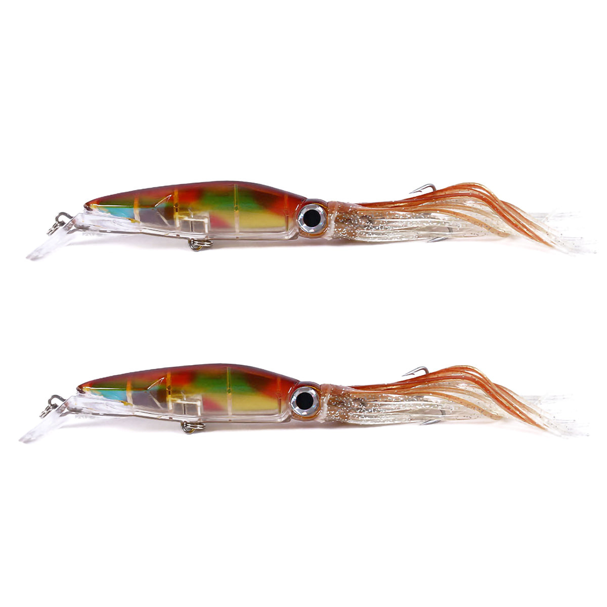 2pcs Large Simulation Squid Fishing Lures Bait Set 5.5" 1.41oz 8Colos 3D Holographic Eyes Built-in Multicolored Lead Blocks 2 Sharp Treble Hooks