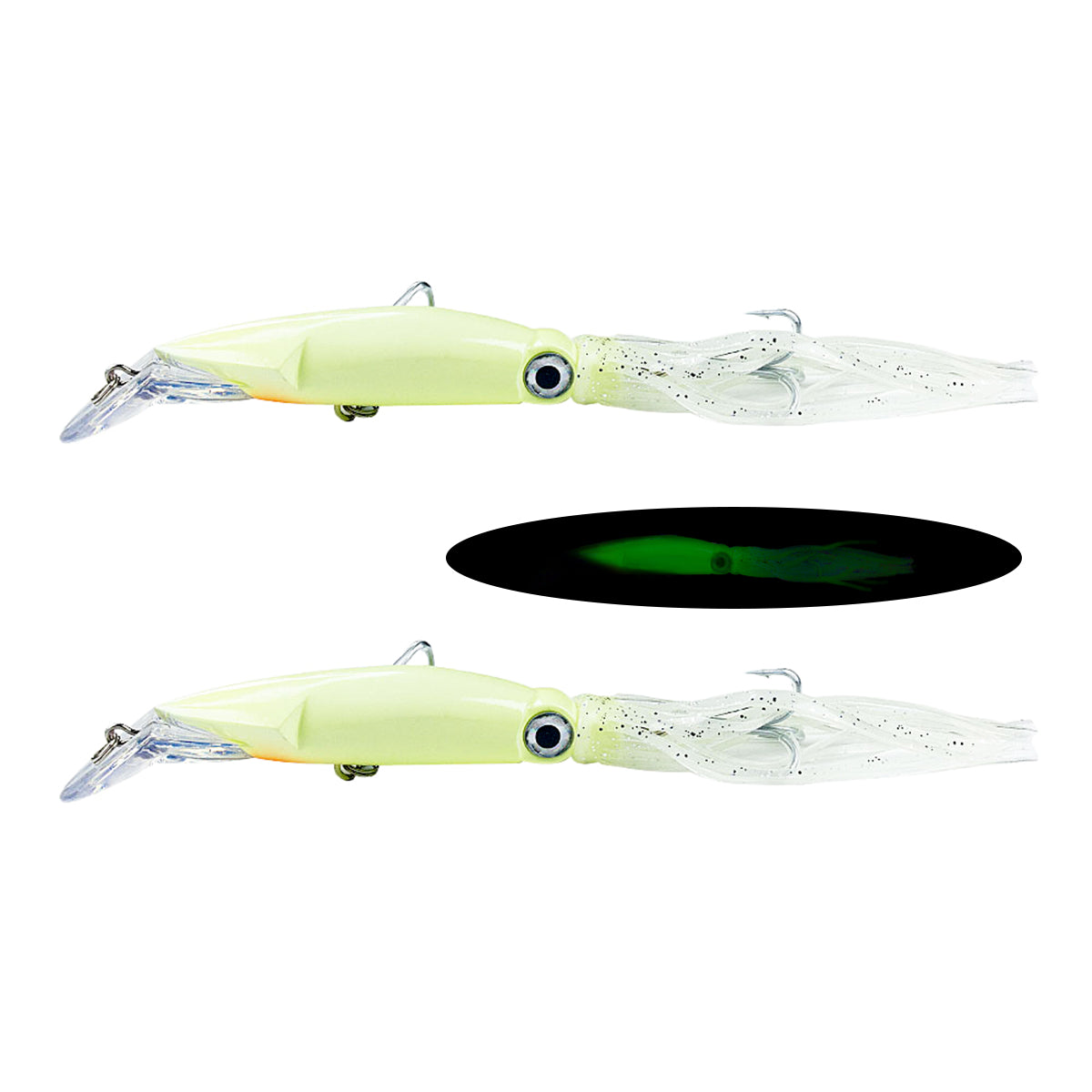 2pcs Large Simulation Squid Fishing Lures Bait Set 5.5" 1.41oz 8Colos 3D Holographic Eyes Built-in Multicolored Lead Blocks 2 Sharp Treble Hooks