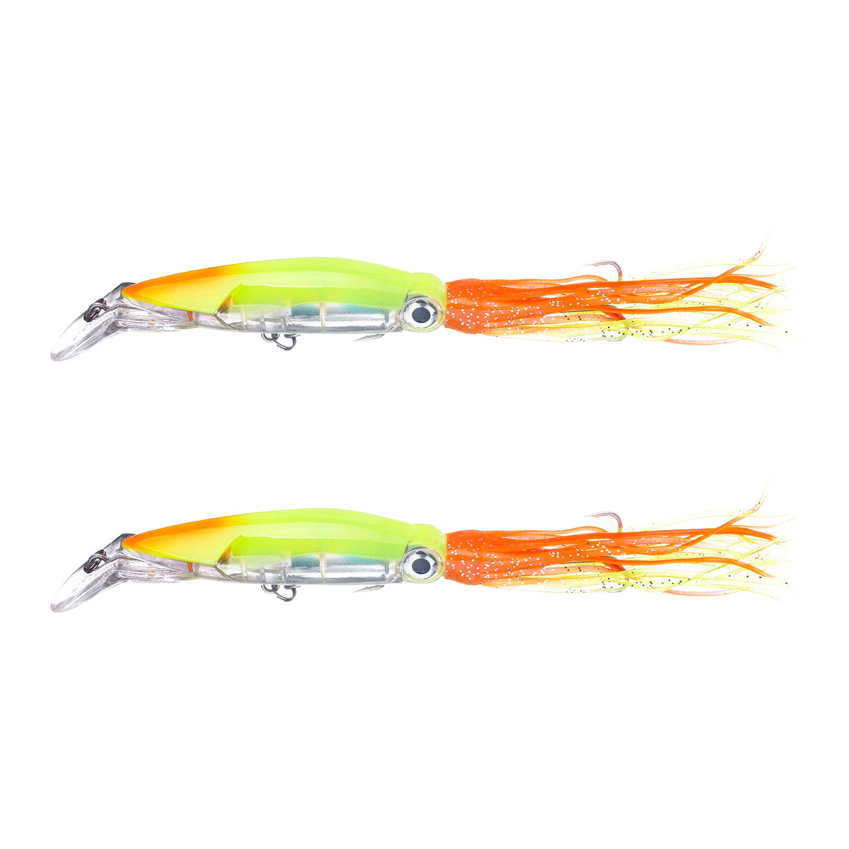 2pcs Large Simulation Squid Fishing Lures Bait Set 5.5" 1.41oz 8Colos 3D Holographic Eyes Built-in Multicolored Lead Blocks 2 Sharp Treble Hooks