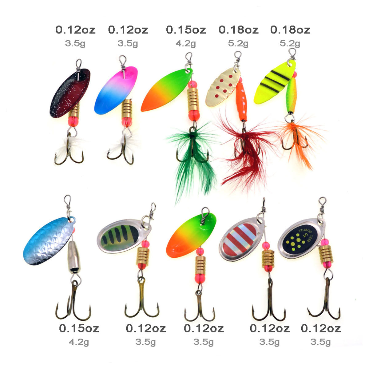 10pcs Fishing Spinner Baits Set Hard Metal 0.12-0.18oz Mixed Sizes 2.4" Bass Trout Salmon