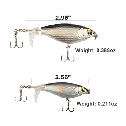 Topwater Fishing Lures Whopper Popper 7pcs 3D Eyes Bait with Propeller Tail 2.95"/2.56" 0.38/0.21oz for Bass Catfish Pike Perch