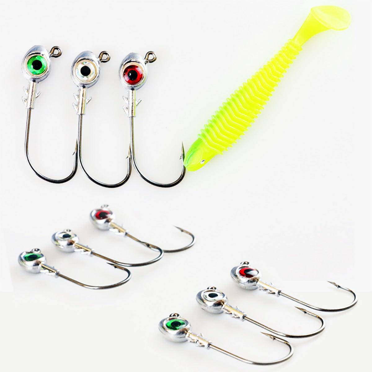 20pcs Realistic 3D Eyes Fishing Jig Head Hooks Soft Fishing Lures 1/2oz 3/8oz 1/4oz 3/16oz