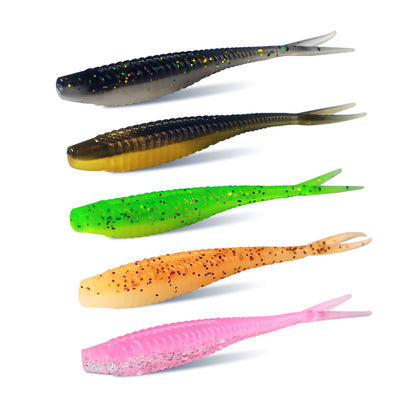 30pcs Fishing Soft Lures Plastic Threaded Split Tail Lure Set 5 Colors Available 2.56"/2.95"