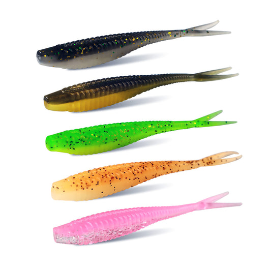 30pcs Fishing Soft Lures Plastic Threaded Split Tail Lure Set 5 Colors Available 2.56"/2.95"