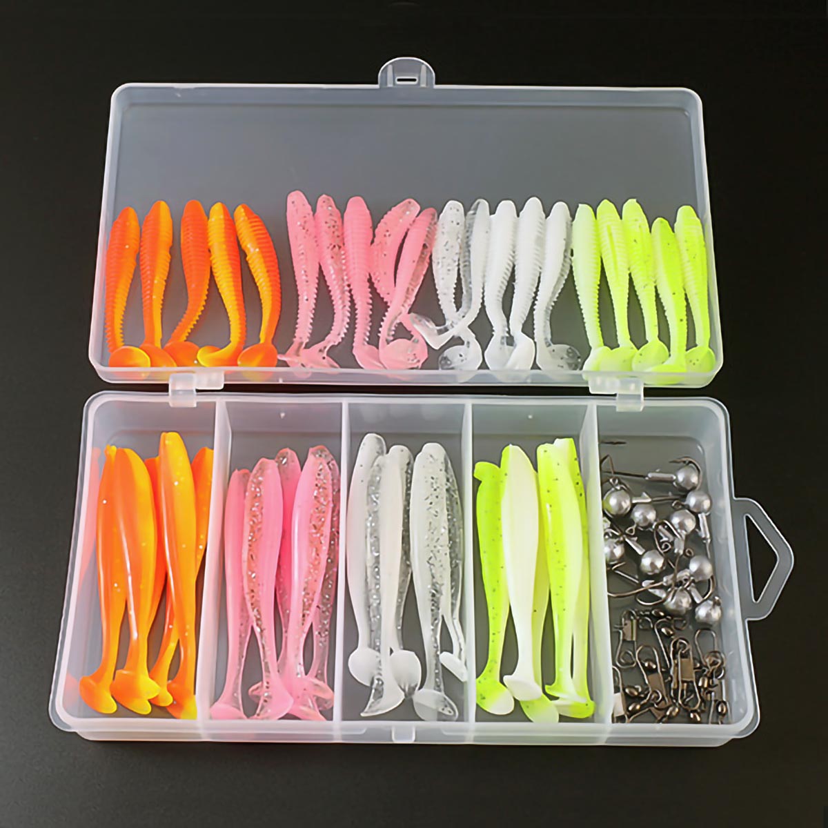 61pcs Soft Fishing Lures Plastic Paddle Tail Swim Baits 2.36"/2.95" Jig Head 3.5g Kit for Bass Trout Walleye