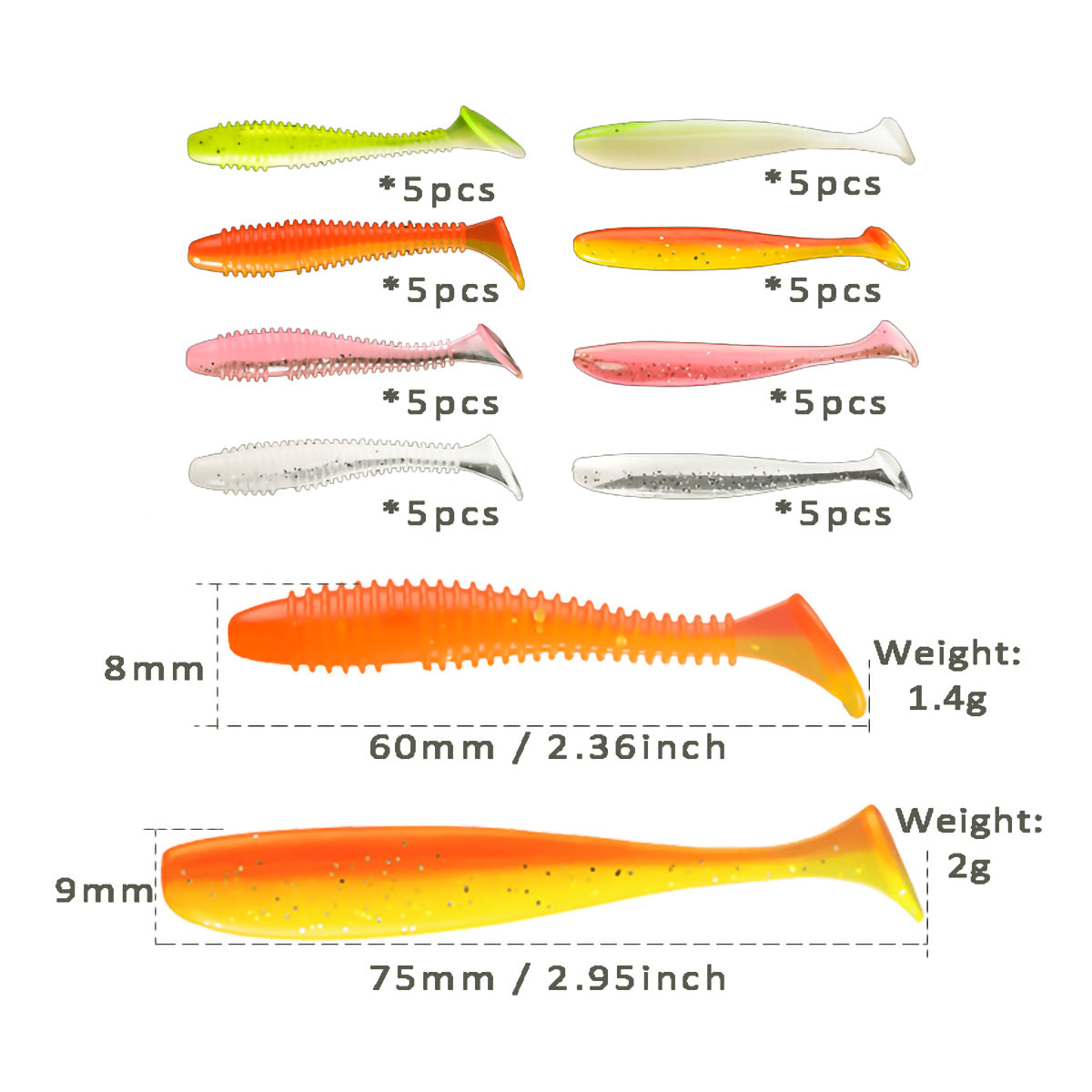 61pcs Soft Fishing Lures Plastic Paddle Tail Swim Baits 2.36"/2.95" Jig Head 3.5g Kit for Bass Trout Walleye