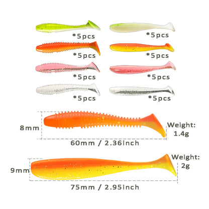 61pcs Soft Fishing Lures Plastic Paddle Tail Swim Baits 2.36"/2.95" Jig Head 3.5g Kit for Bass Trout Walleye