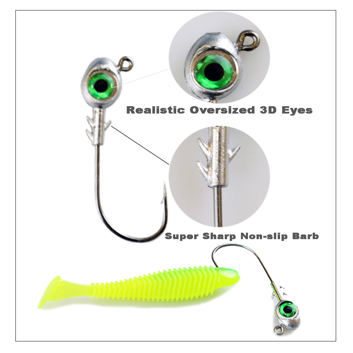 20pcs Realistic 3D Eyes Fishing Jig Head Hooks Soft Fishing Lures 1/2oz 3/8oz 1/4oz 3/16oz