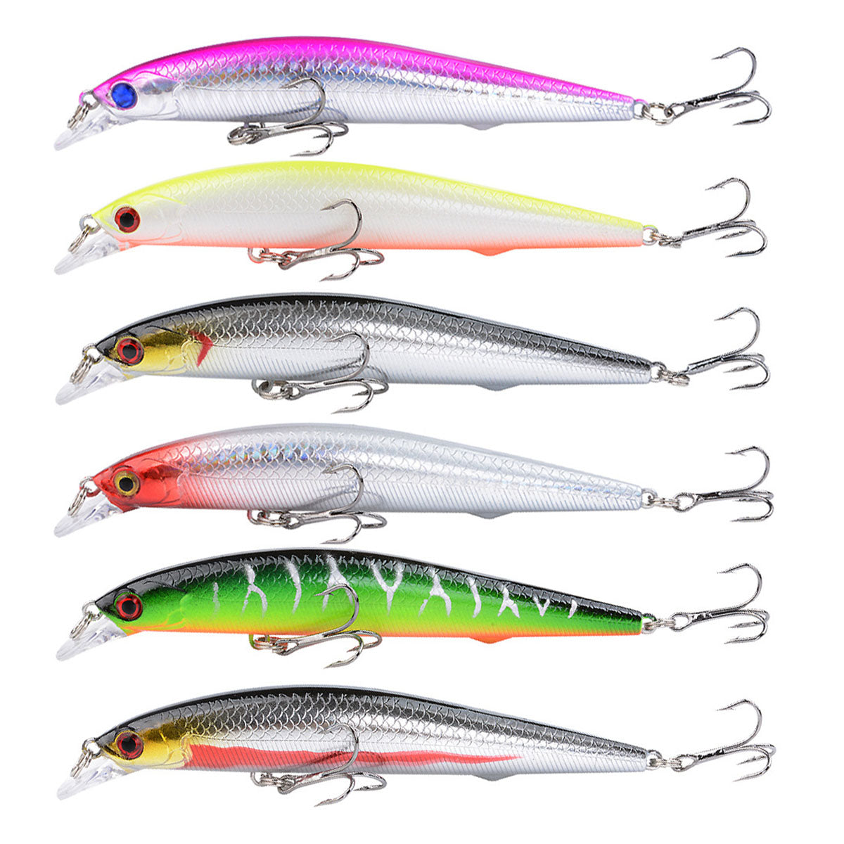 6pcs Minnow Floating Shallow/Deep Divering Fishing Lures Bait Set 3.14"/3.93"/4.44" with Treble Hook for Bass Trout Walleye Redfish