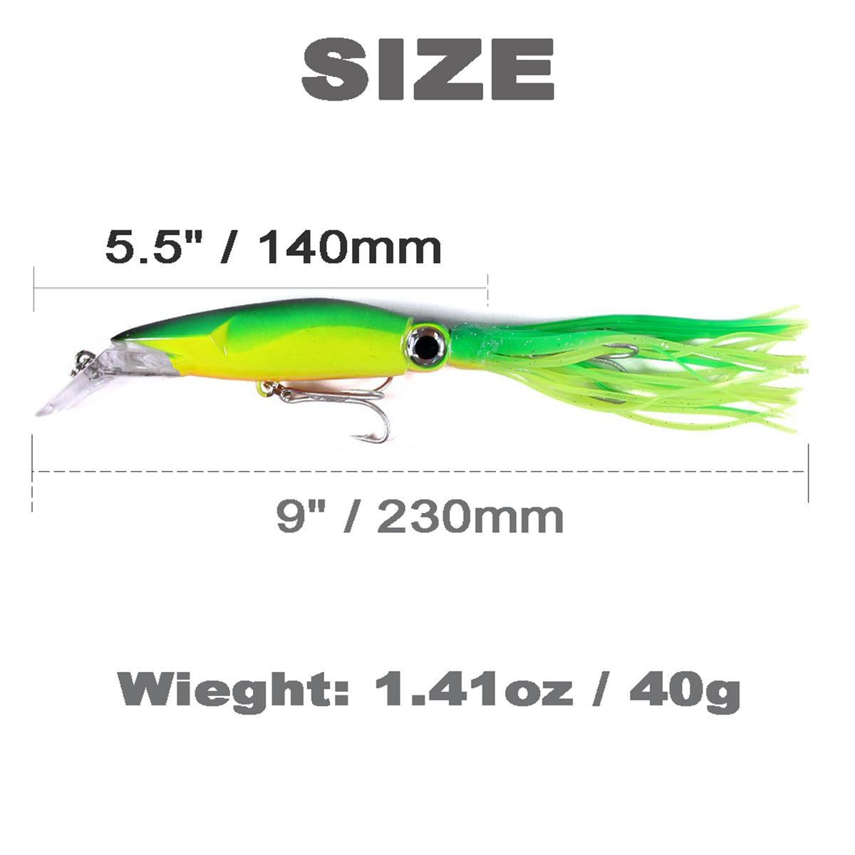 2pcs Large Simulation Squid Fishing Lures Bait Set 5.5" 1.41oz 8Colos 3D Holographic Eyes Built-in Multicolored Lead Blocks 2 Sharp Treble Hooks